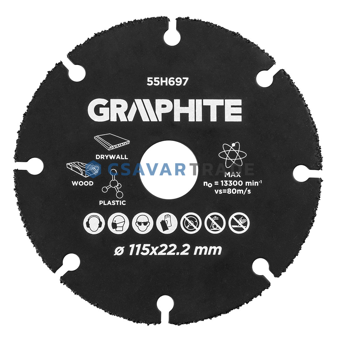 GRAPHITE - Vágókorong, fához, műanyaghoz, volfrámkarbid, 115mm