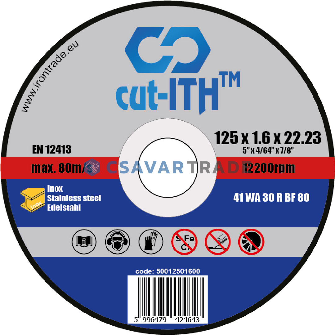 cut-ITH vágókorong, Inox, alak 41, WA30RBF, 125x1,6x22 (400db/karton)