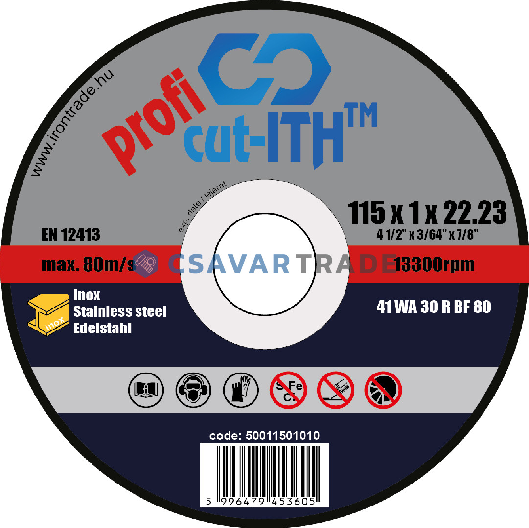 cut-ITH profi vágókorong, Inox, alak 41, WA30RBF, 115x1,0x22 (400db/karton)