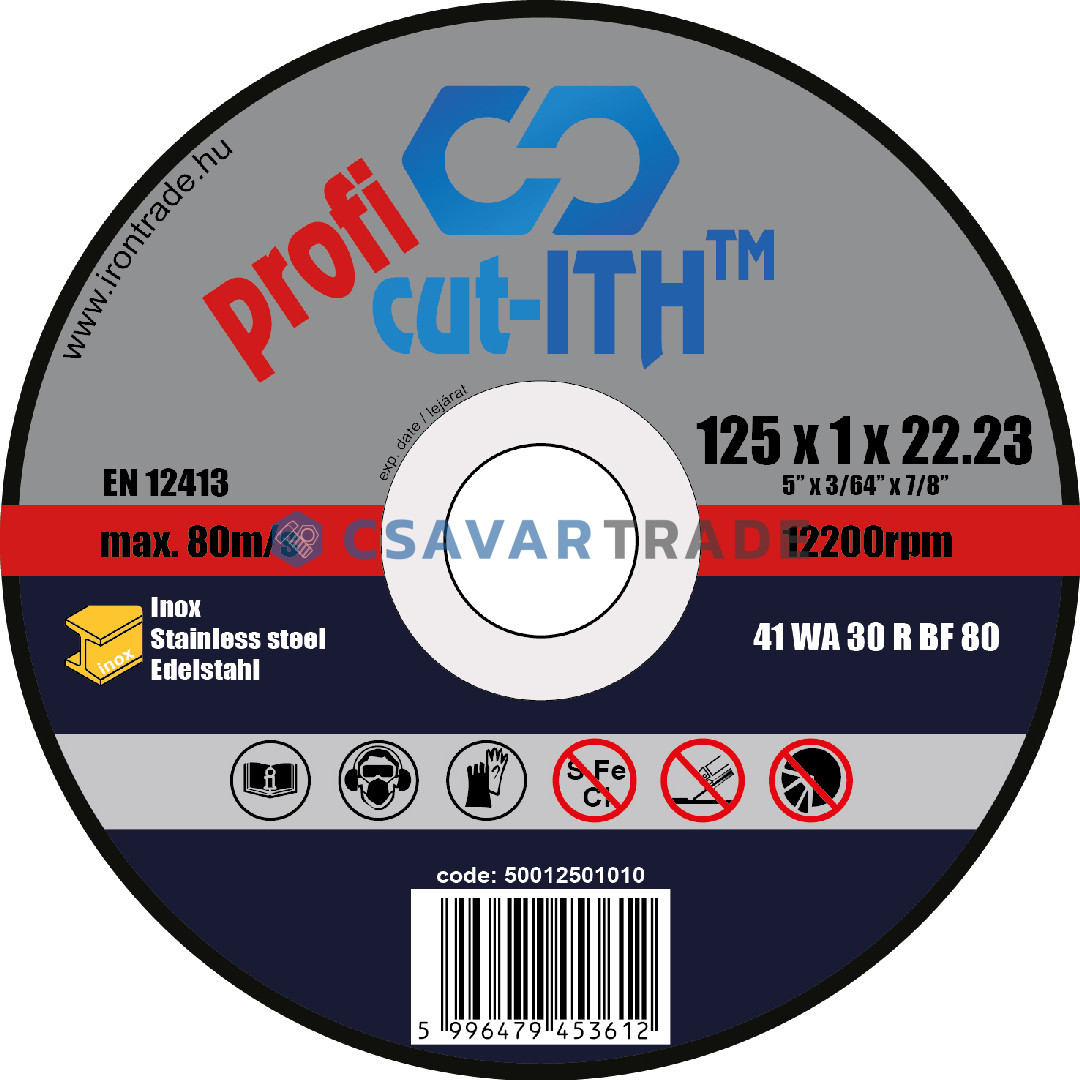 cut-ITH profi vágókorong, Inox, alak 41, WA30RBF, 125x1,0x22 (400db/karton)