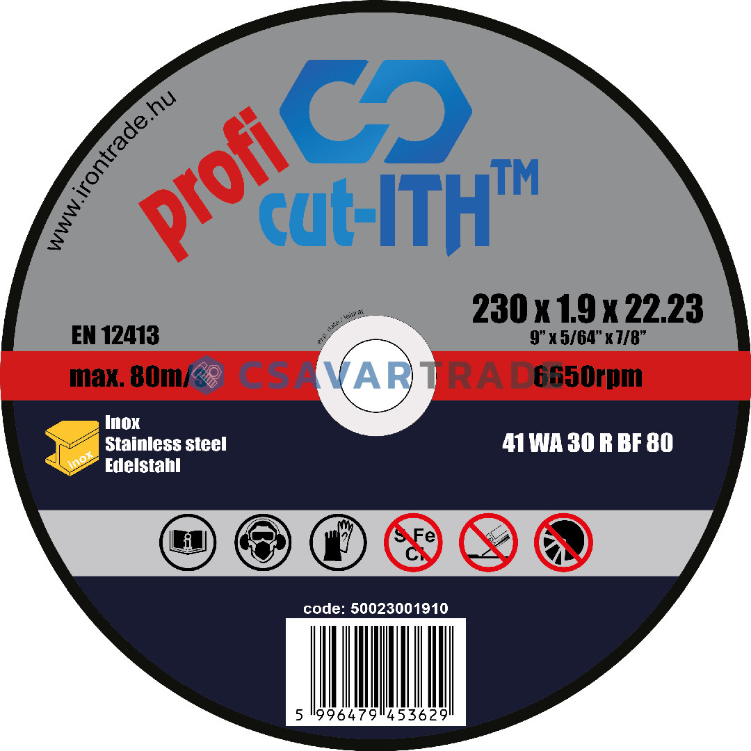 cut-ITH profi vágókorong, Inox, alak 41, WA30RBF, 230x1,9x22 (100db/karton)